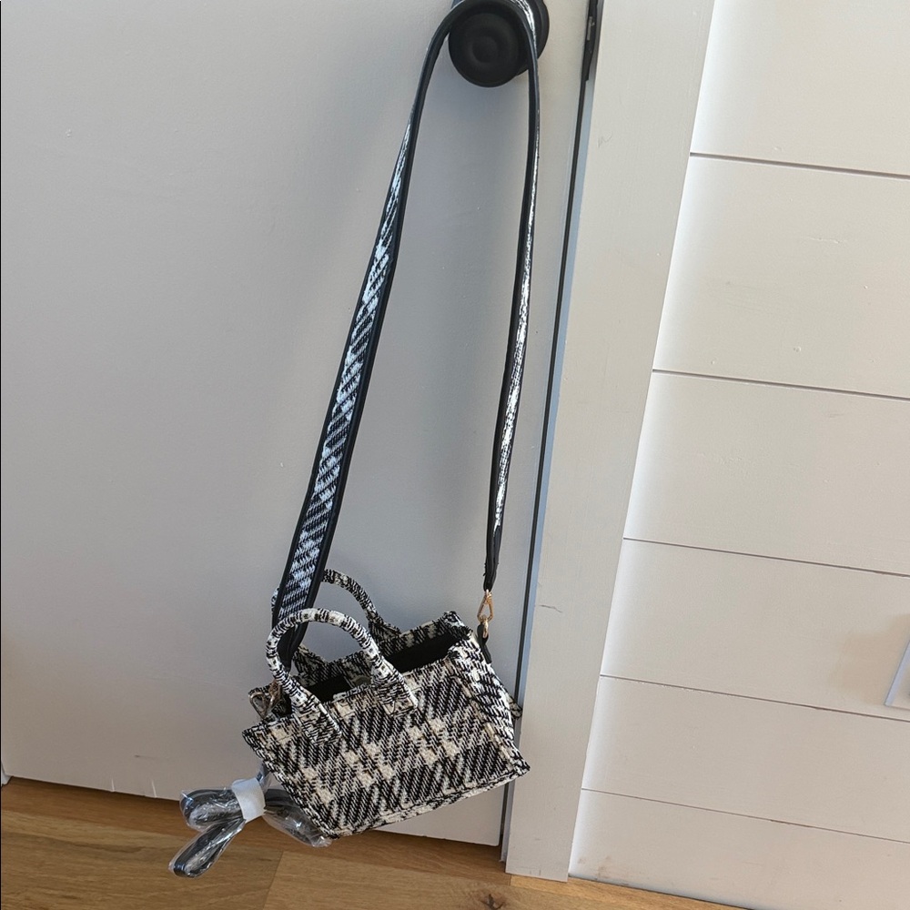 Black & White Tweed Crossbody Bag with Top Handles